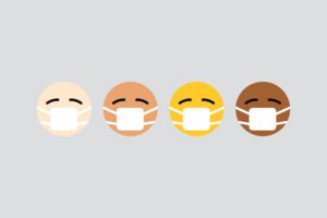 Dessin de quatre personnes de différentes couleurs de peau portant des masques médicaux pour la protection COVID