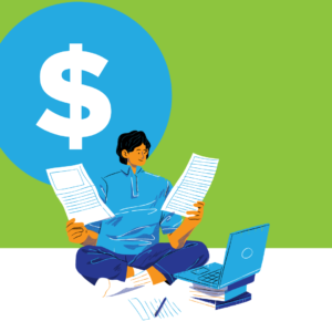 illustration d'une personne assise à un ordinateur avec des papiers à la main et un $ dans un nuage en arrière-plan