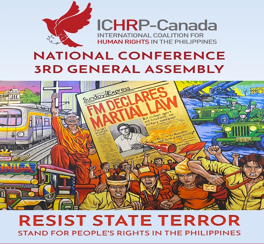 Affiche pour la 3e Assemblée générale de la Conférence nationale de l'ICHRP Canada - Resist State Terror / Stand for People's Rights aux Philippines avec une illustration d'une manifestation et le titre d'un journal "FM déclare la loi martiale".