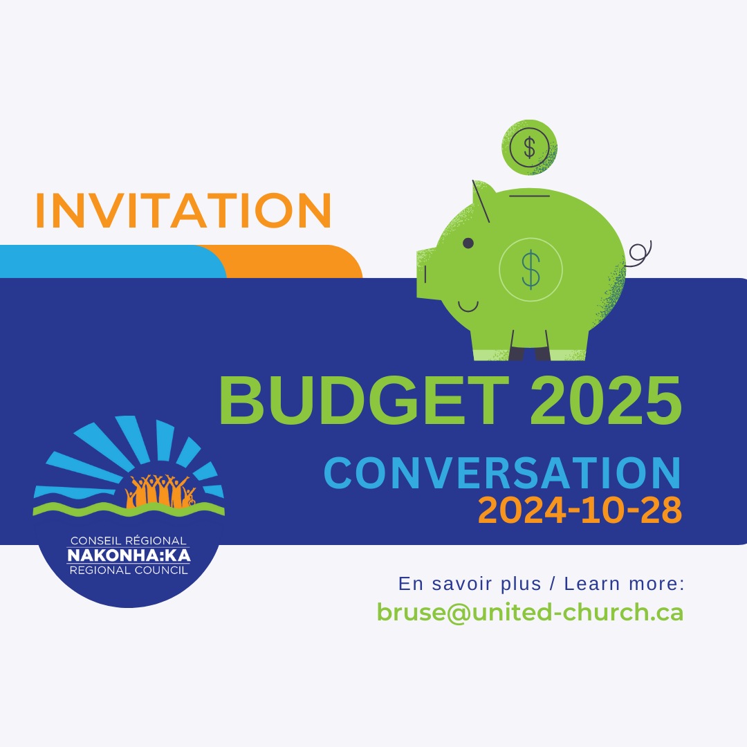 image du logo du conseil régional ainsi une tirelire verte dans laquelle tombe une pièce de monnaie; invitation - budget 2025 - conversation 2024-10-28; pour en savoir plus - Brian Ruse