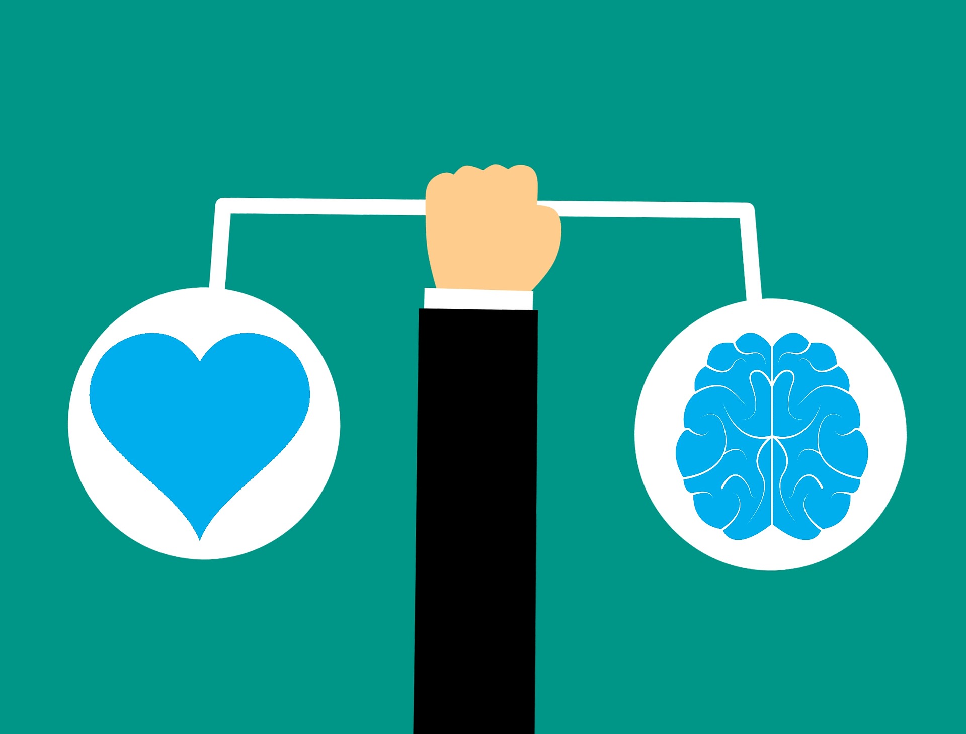 Illustration of an arm balancing a heart and a brain, symbolizing emotional intelligence