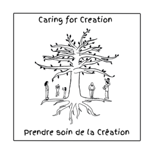 Caring for Creation logo - sketch of a tree with figures standing around it