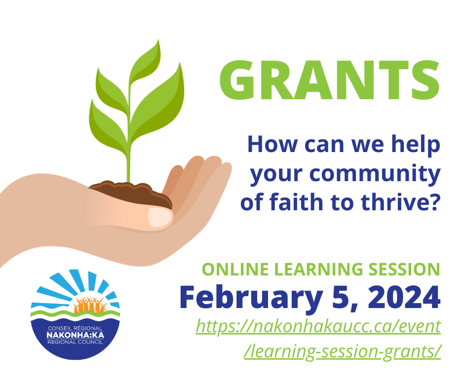 an illustration of a hand holding some dirt with a sprouting plant; text reads GRANTS: How can we help your community of faith to thrive? Online learning session February 5, 2024