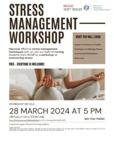 poster for stress management workshop March 28, 2024 at 5 pm