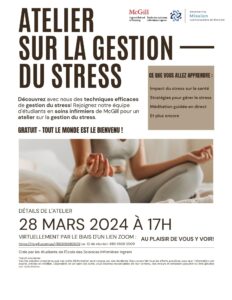 affiche pour atelier sur la gestion du stress 28 mars 2024 à 17 h