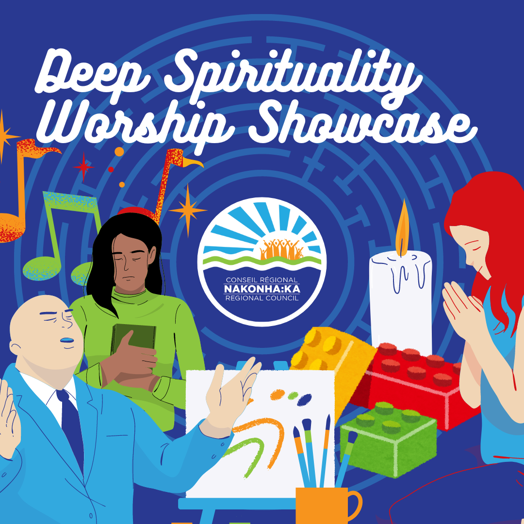 Deep spirituality worship showcase with illustrations of people praying, singing, preaching and playing with labyrinth in background